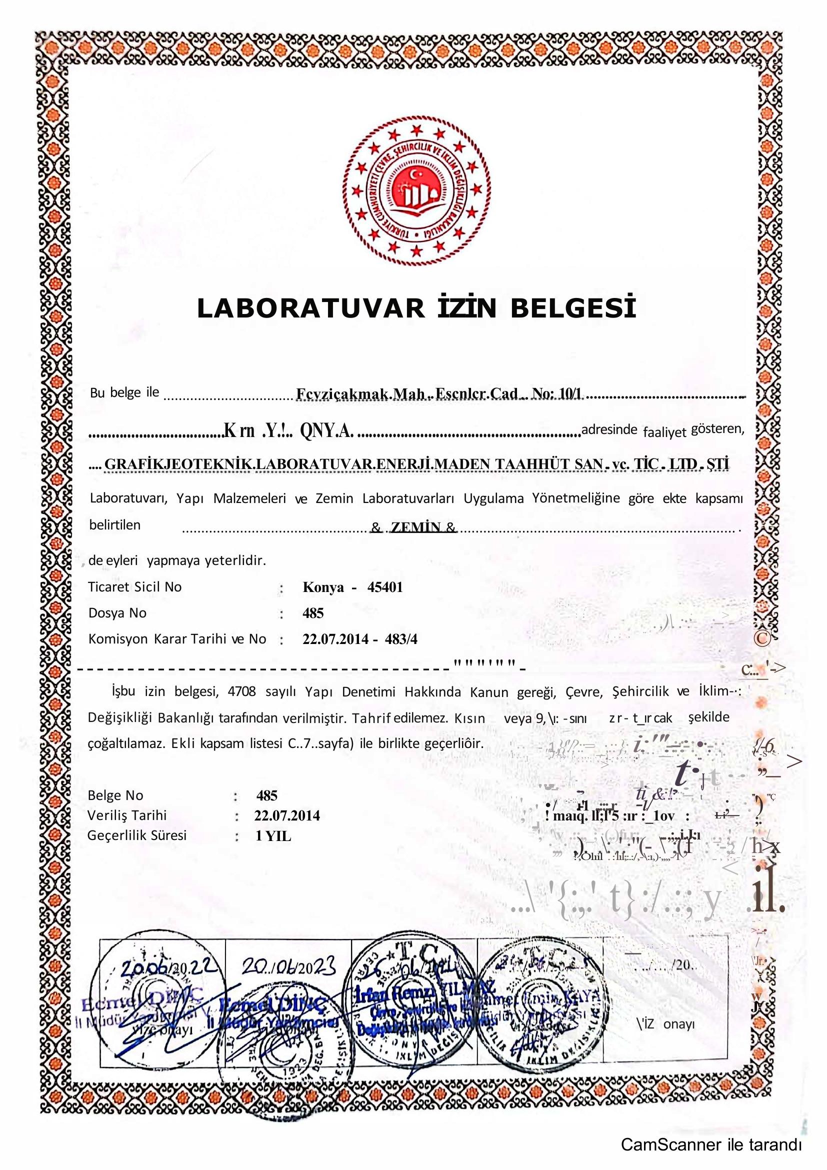 Laboratuvar izin belgesi sayfa 1
