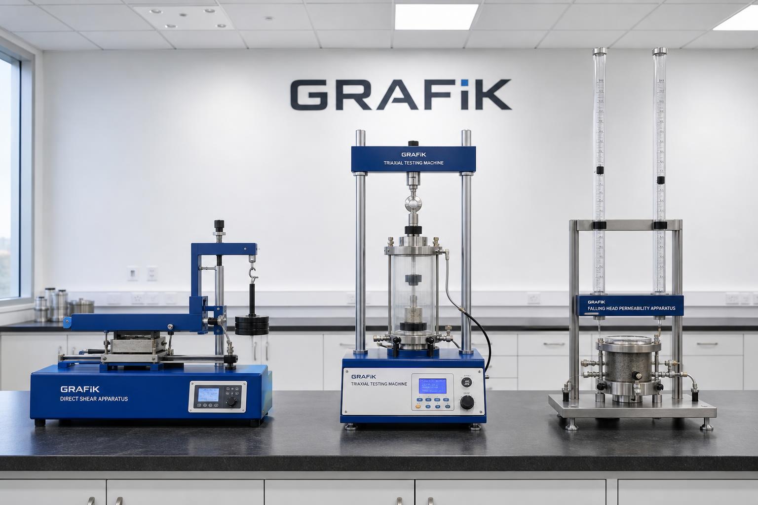 Grafik Jeoteknik laboratuvarı — üç eksenli, direkt kesme ve düşen seviyeli permeabilite test cihazları